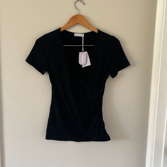 NWT MANGOPOP Cross Wrap Ruched Plunge Deep V Neck Slim Fit Short Sleeve Sz Med - Picture 4 of 6